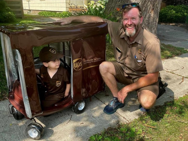 Malcolm Oshalla's grandmother made this mini UPS truck to celebrate his third birthday. Longtime UPS driver, Andrew Moran, of St. Thomas, Ont., was there to surprise him.