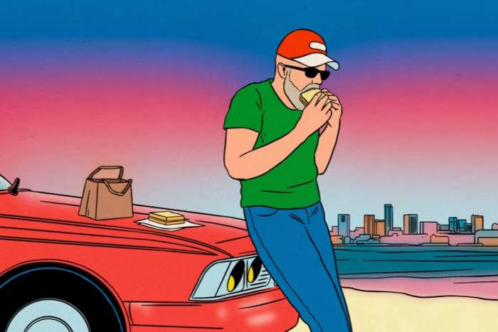 cartoon of a man leaning against a car bonnet eating shokupan