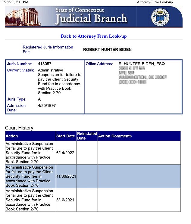 Connecticut records show Hunter was suspended from practicing law in Connecticut more than two years ago for failing to pay his $75 annual fees since 2018