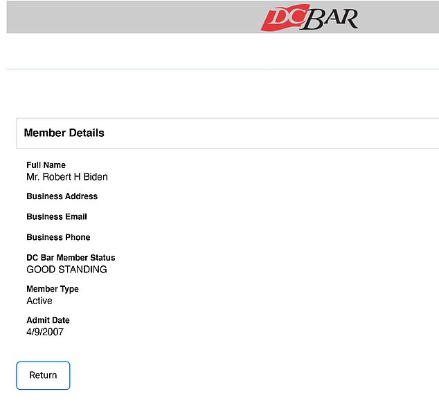 Hunter's bar registration for Washington, D.C. says he is currently in good standing