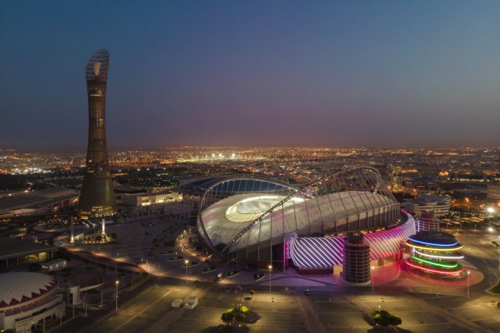 An aerial view of Khalifa Stadium at sunrise