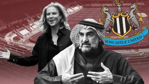 Montage consisting of St James’ Park stadium, Newcastle United logo, Amanda Staveley and Yasir al-Rumayyan