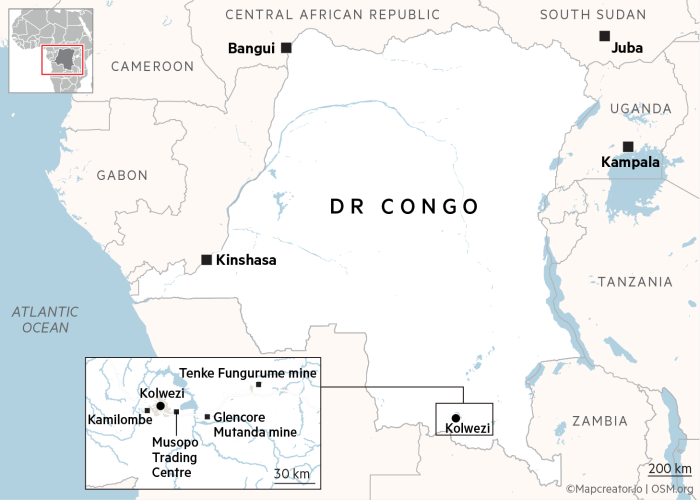 Map showing the Democratic Republic of the Congo along with Kolzewi and key mining locations nearby 