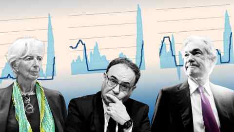 Montage of  Christine Lagarde, Andrew Bailey and Jay Powell with a chart behind