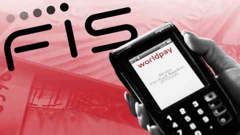 A montage of Worldpay on a payment device and the FIS logo