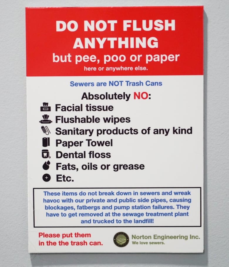 A sign says "Do Not Flush anything but pee, poo or paper" including facial tissues, flushable wipes, sanitary products, dental floss, fats and oils