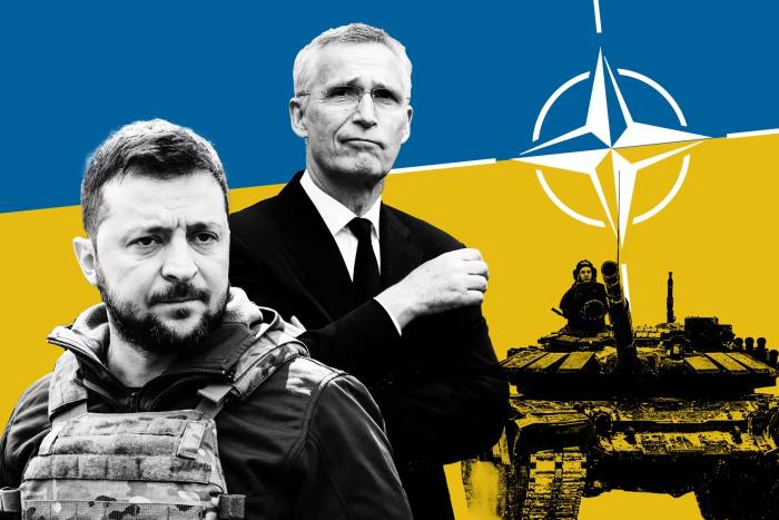 Montage of Volodymyr Zelenskyy and Jens Stoltenberg with Nato logo, a tank and Ukraine’s flag 