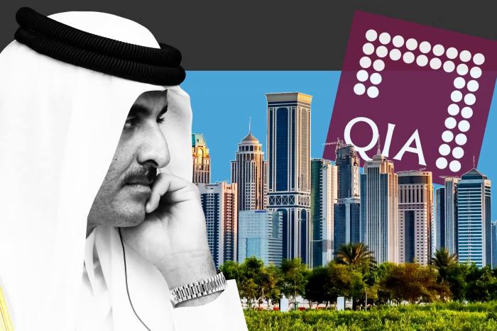 The emir of Qatar, Sheikh Tamim bin Hamad al-Thani, and the Doha skyline