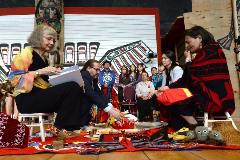 Former chief commissioner Marion Buller (left) and former commissioner Michèle Audette (right) during the closing ceremonies of the national inquiry.