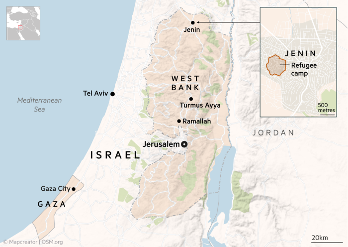 Israel map, West Bank and Jenin refugee camp