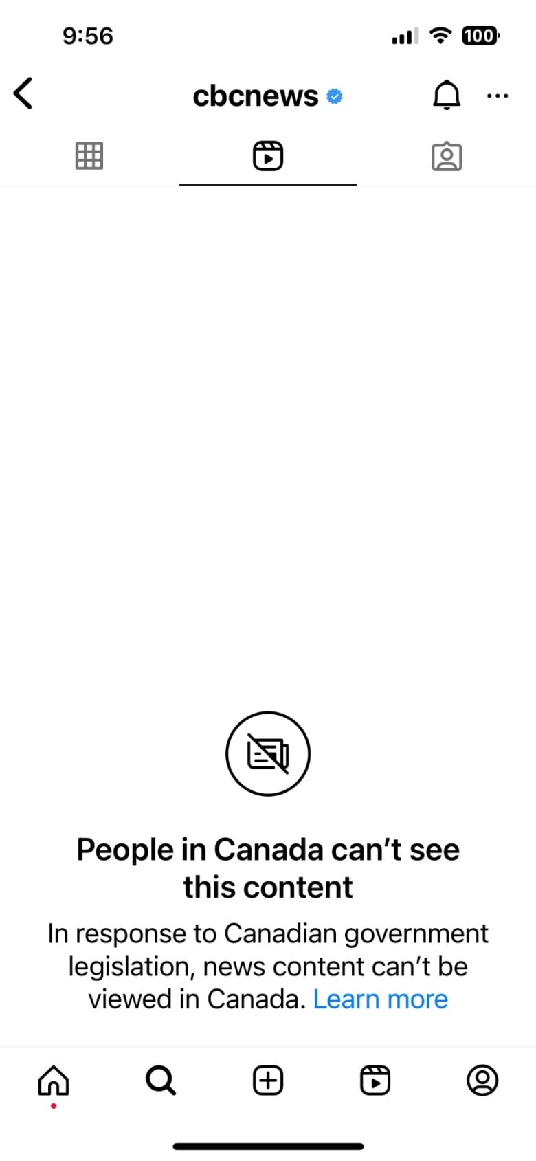 A screengrab from a cellphone of the Instagram App shows a white screen with a camera icon that has a line through it and the message: 'People in Canada can’t see this content. In response to Canadian government legislation, news content can’t be viewed in Canada.'