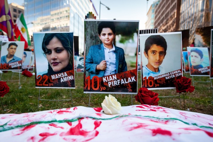 A memorial at a rally and march for protesters in Iran pays tribute to chlldren and young adults killed by the Islamic regime since the death of Mahsa Amini.