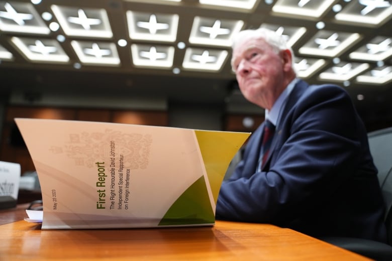 The first report from David Johnston, Independent Special Rapporteur on Foreign Interference, is shown as he appears as a witness at the Procedure and House Affairs Committee in Ottawa on Tuesday, June 6, 2023.