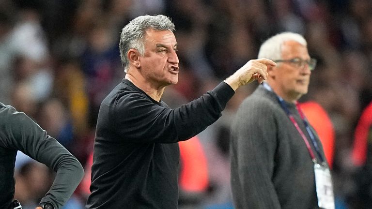 PSG&#39;s head coach Christophe Galtier gestures during the French League One soccer match between Paris Saint-Germain and Clermont at the Parc des Princes in Paris, France, Saturday, June 3, 2023. (AP Photo/Michel Euler)