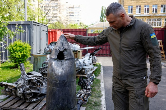 Kyiv’s mayor Vitali Klitschko inspects the remains of a Russian Kinzhal hypersonic missile, shot down by a Ukrainian air defence unit in May