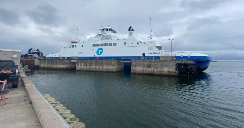 A large boat is docked at a pier. 