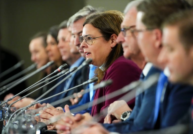 Manitoba Premier Heather Stefanson answers a question as Canada's premiers hold a press conference following a meeting on health care in Ottawa.