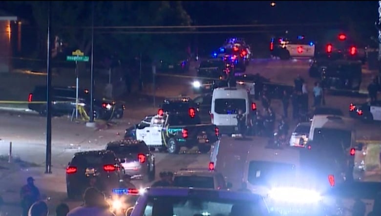 Police cars and other vehicles crowd a road.