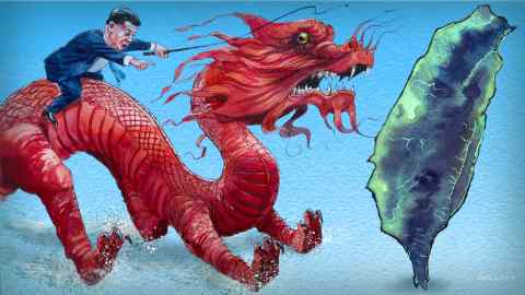 James Ferguson illustration of Xi Jinping riding a red dragon towards Taiwan