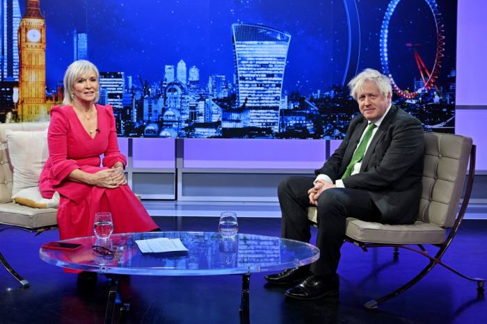 Nadine Dorries interviewing former prime minister Boris Johnson 