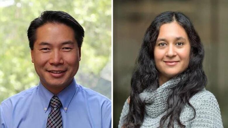 A composite of two photos of a man and a woman smiling at the camera for a headshot.