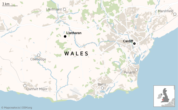 Locator map showing Llanharan in Wales