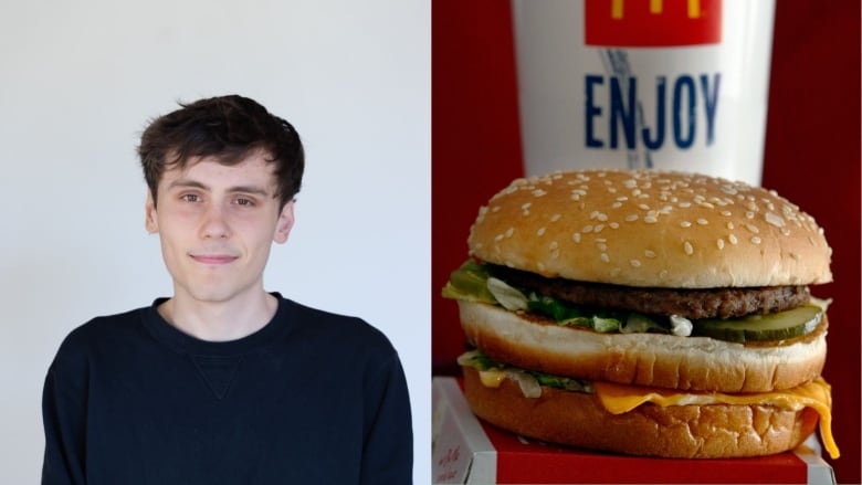 Composite of two photos. One shows a young Caucasian man with short brown hair wearing a black shirt. The other shows a Big Mac sandwich from McDonald's.