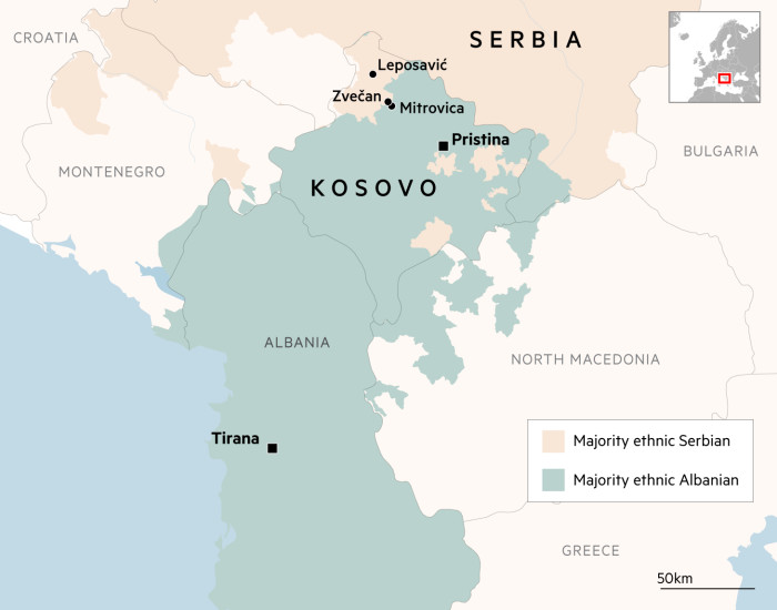 Locator map showing ethnic Serbian and Albanian areas in the Balkans