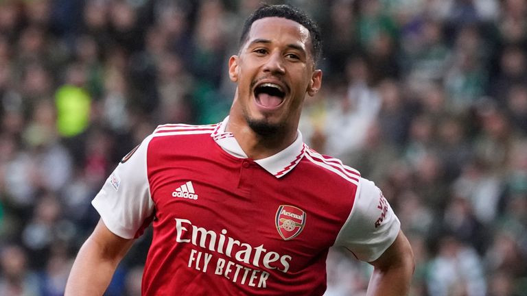 Arsenal&#39;s William Saliba celebrates after scoring his side&#39;s opening goal 