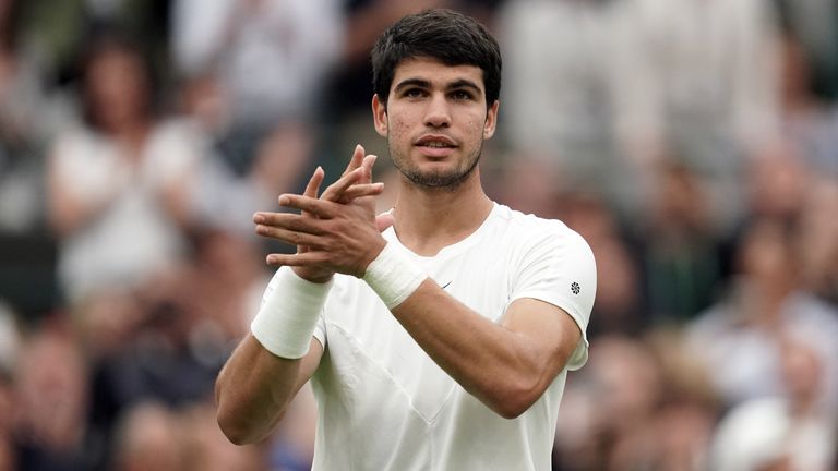 Carlos Alcaraz celebrates after beating Jeremy Chardy (not pictured) on day two of the 2023 Wimbledon Championships at the All England Lawn Tennis and Croquet Club in Wimbledon. Picture date: Tuesday July 4, 2023.