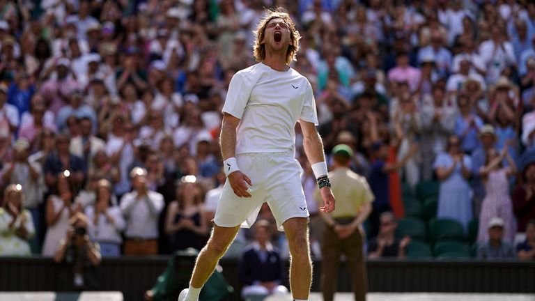 Andrey Rublev celebrates beating Alexander Bublik (not pictured) on day seven of the 2023 Wimbledon Championships at the All England Lawn Tennis and Croquet Club in Wimbledon. Picture date: Sunday July 9, 2023.