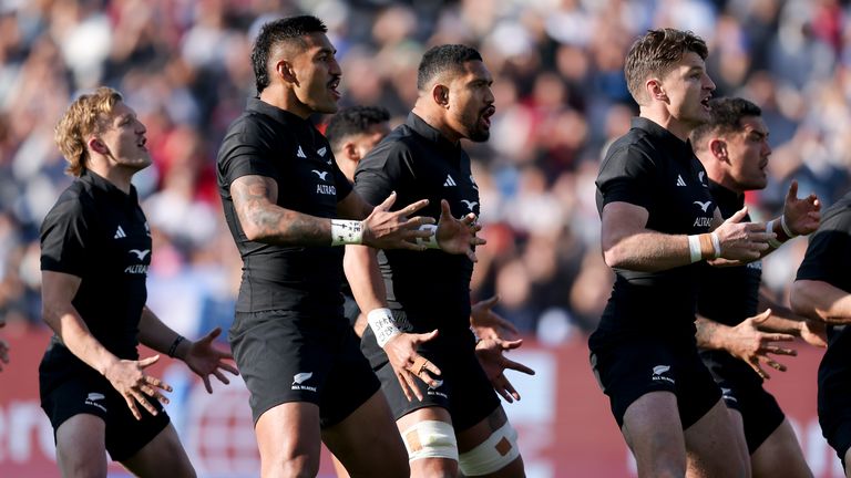 New Zealand&#39;s All Blacks perform a haka ahead of a rugby championship match against Argentina&#39;s Los Pumas, at Malvinas Argentinas stadium in Mendoza, Argentina, Saturday, July 8, 2023. (AP Photo/Nicolas Aguilera)