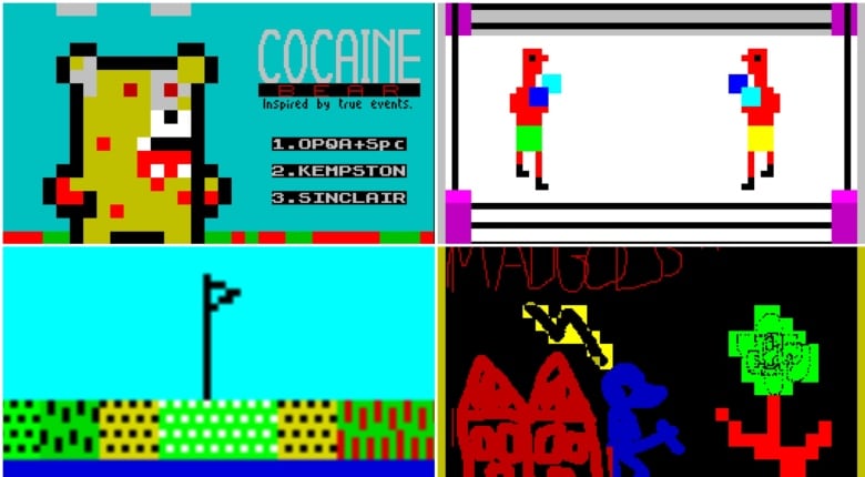 Compilation of screenshots from 8-bit games. One shows a bear with white on its mouth, followed by two men in a boxing ring, a golf course flag and a scene with houses, a tree and a blue creature.