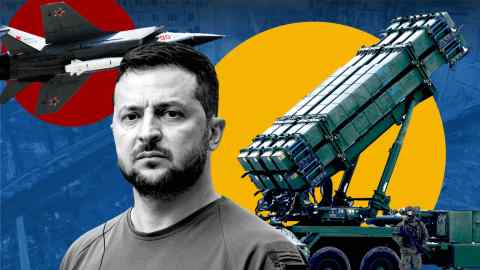 Montage featuring Ukraine’s president Volodymyr Zelenskyy, a Russian jet and an air defence system