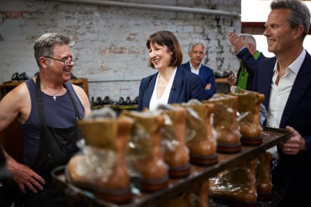 Rachel Reeves in the Joseph Cheaney & Sons shoe factory in Desborough, Northamptonshire.