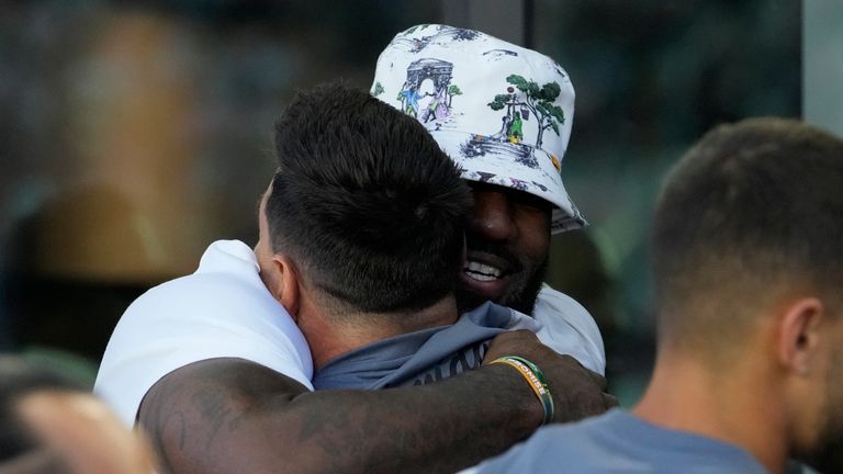 LA Lakers superstar LeBron James hugs Lionel Messi before the soccer legend&#39;s debut for Inter Miami (AP Photo/Lynne Sladky)