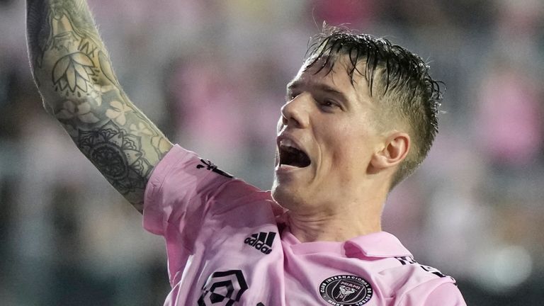 Inter Miami midfielder Robert Taylor (16) celebrates a goal during the second half of a Leagues Cup soccer match against Atlanta United, Tuesday, July 25, 2023, in Fort Lauderdale, Fla. (AP Photo/Rebecca Blackwell)