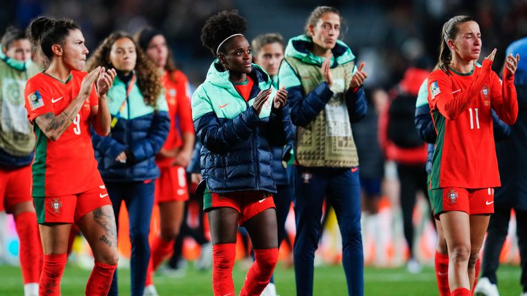 Portugal players walk around the field following the Women&#39;s World Cup Group E soccer match between Portugal and the United States at Eden Park in Auckland, New Zealand, Tuesday, Aug. 1, 2023. (AP Photo/Abbie Parr)