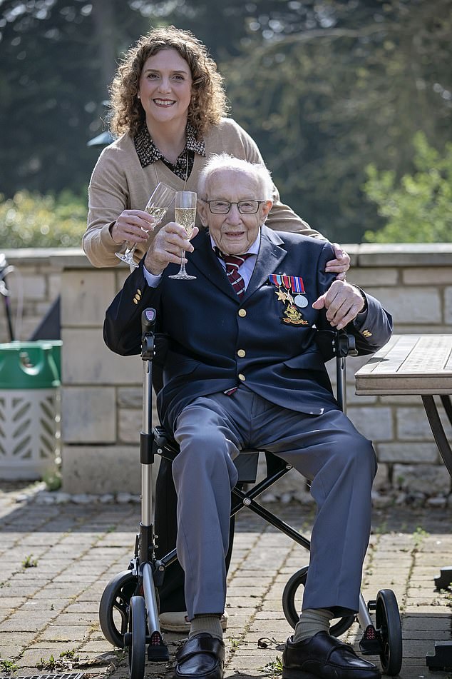 The Captain Tom Foundation was registered on June 5, 2020 following his fundraising efforts. Pictured: Sir Tom and his daughter Hannah celebrate his 100 laps