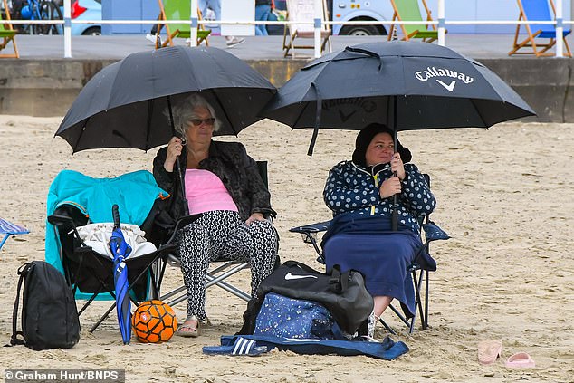 Holidaymakers on the beach shelter under umbrellas at the seaside resort of Weymouth in Dorset