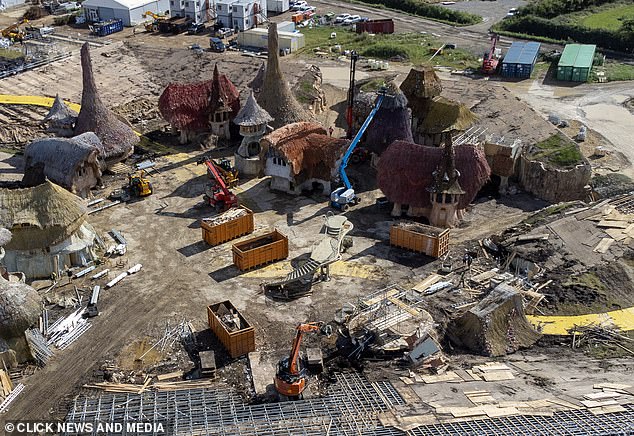 Hard at work: Images show several large containers filled with debris and building material, with tipper trucks seen driving away from set.