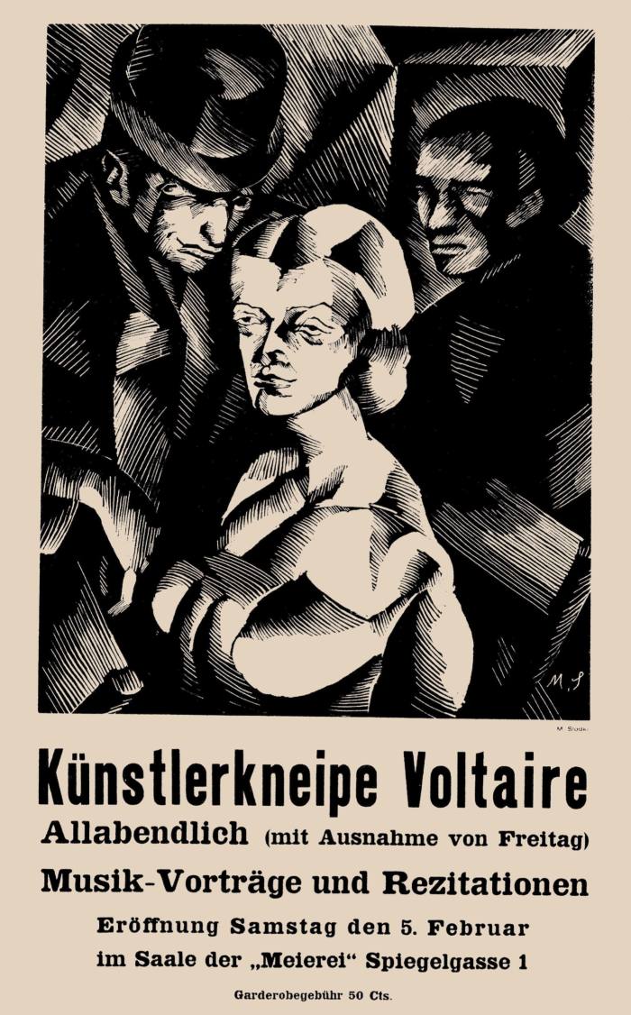 A 1916 poster advertising the opening of Cabaret Voltaire, with an illustration of two men and a woman in Cubist style