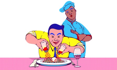 Illustration showing a male diner vigorously salting his food as a chef watches on bemusedly