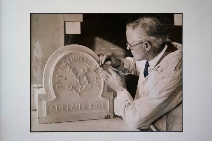 Joseph Armitage with the design for the National Trust symbol he created in 1936