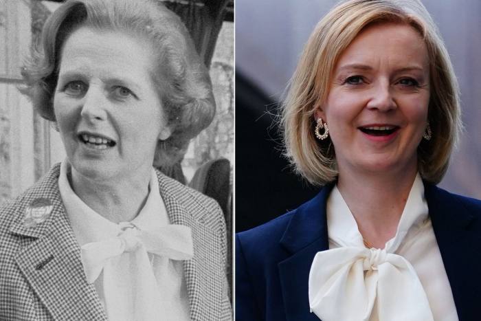 Collage picture of Margaret Thatcher (left) and Liz Truss wearing similar outfits