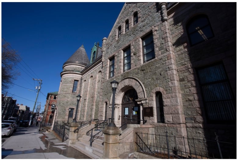 A tall stone building.