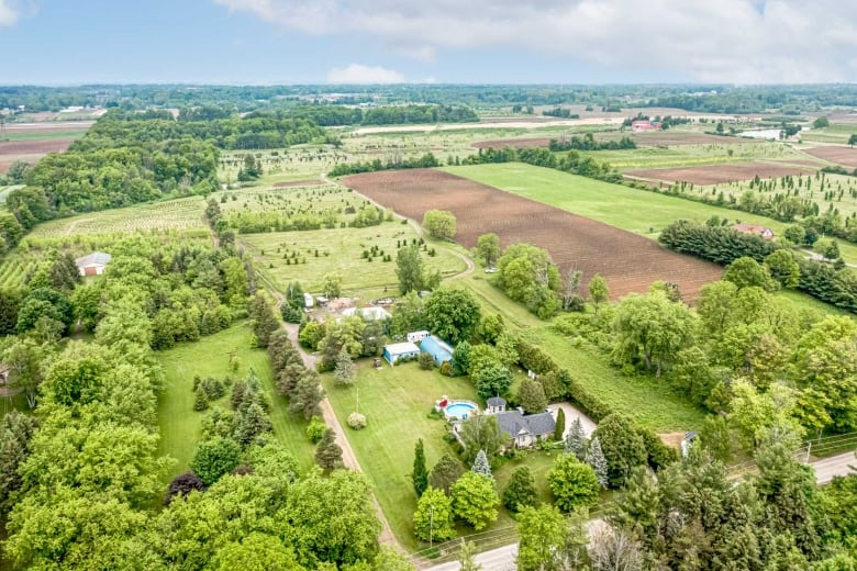 aerial view of house and farmland