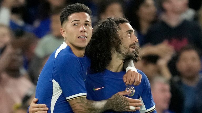 Chelsea&#39;s Enzo Fernandez, left, celebrates with Marc Cucurella after scoring his side&#39;s second goal vs AFC Wimbledon