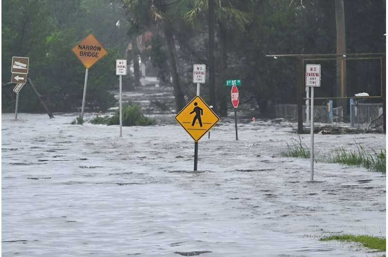 A flooded street is seen near the Steinhatchee marina in Florida on August 30, 2023