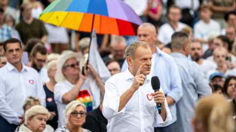 Donald Tusk addresses a crowd in Włocławek, central Poland. The former prime minister has run an energetic campaign, but is a polarising figure